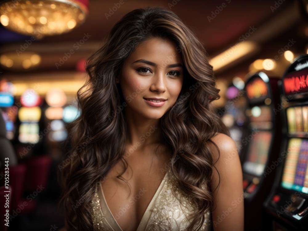 Smiling woman at casino near slot machines