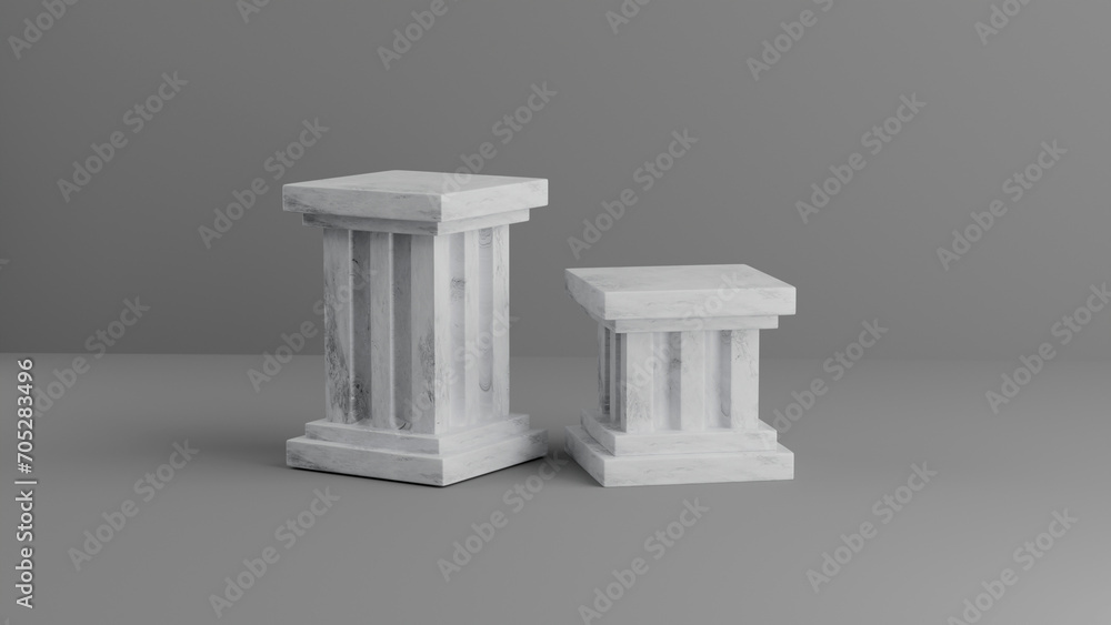 Pair of white marble Greek style square base pedestals on gray background Pair of white marble Greek style square base pedestals on gray background
