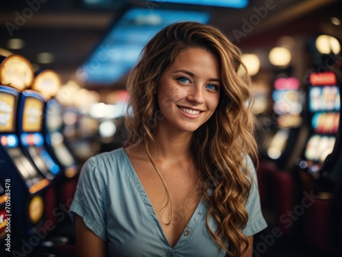 Happy young woman with freckles at casino near slot machines