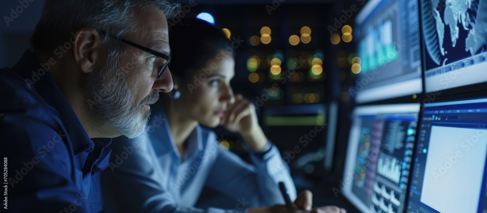 Two professionals in the Control Room discuss and solve an IT problem. Two professionals in the Control Room discuss and solve an IT problem.
