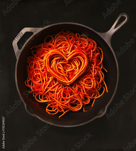 Cooked spaghetti arranged in a heart shape topped with tomato sauce and fresh basil. photo