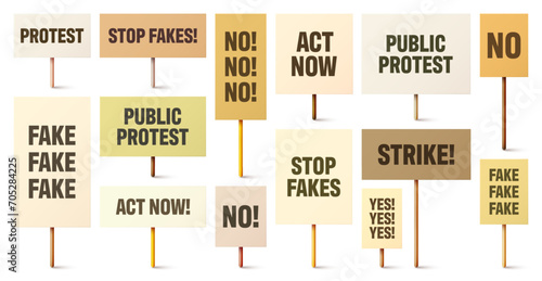 Colorful protest signs with slogan on wooden holder. Realistic vector demonstration banner. Strike action cardboard placard mockup