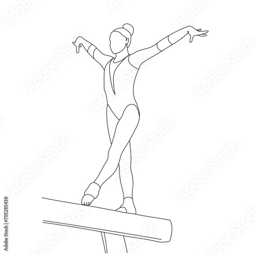 Female gymnast doing a complicated trick on gymnastics balance beam linear vector illustration. Artistic gymnastic woman stand on balance beam in linear vector art. Olympic games. Sport theme.