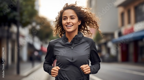 A beautiful young woman or girl with curly brunette hair jogging early in the morning through the city streets, wearing a gray sport tracksuit, joyful and happy, living a healthy and active lifestyle photo