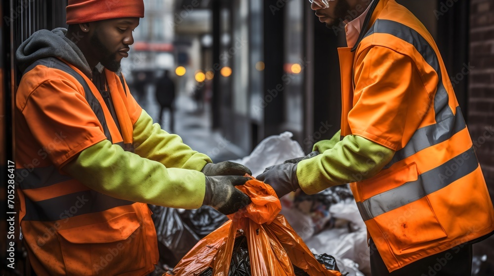 Two garbage men, wearing orange vests and gloves, carrying the black bags full of trash to the containers. City rubbish removal, plastic recycling concept, industry workers or job employees Two garbage men, wearing orange vests and gloves, carrying the black bags full of trash to the containers. City rubbish removal, plastic recycling concept, industry workers or job employees
