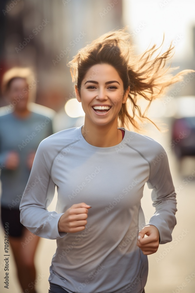 A beautiful young woman or girl with black hair jogging early in the morning through the city streets, wearing a gray sport sweater, joyful and happy, living a healthy and active lifestyle, exercising