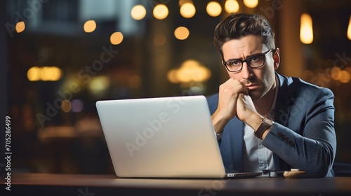 Stressed out young businessman with glasses sitting at a cafeteria interior wooden table or desk, placing his hands on the head. Employee showing his frustration, working overtime, problem on the job 