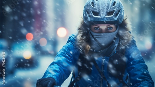 A woman riding a bicycle outdoors in cold winter weather during snowfall, wearing a jacket and a helmet. Cyclist outside in extreme conditions, city street traffic and cars on asphalt