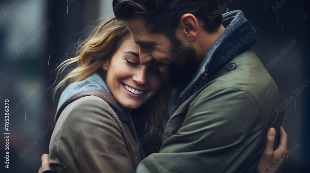 Mature bearded husband man and his beautiful wife woman with blonde hair hugging and smiling. Happy family, lovely couple, male and female spouse in marriage, love and affection, pair romance - obrazy, fototapety, plakaty 