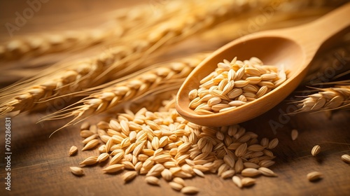 Organic nutritious uncooked barley wheat whole grain cereal seed in a wooden spoon close up wooden table kitchen photography, crops after the harvesting, branch stem and ripe, countryside agriculture photo