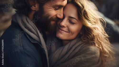 Mature bearded husband man and his beautiful wife woman with blonde hair hugging and smiling. Happy family, lovely couple, male and female spouse in marriage, love and affection, pair romance photo