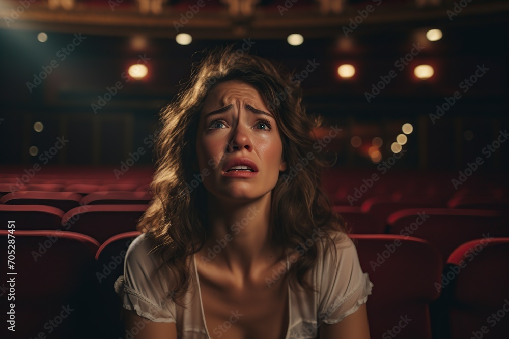 woman crying watching a movie at the cinema