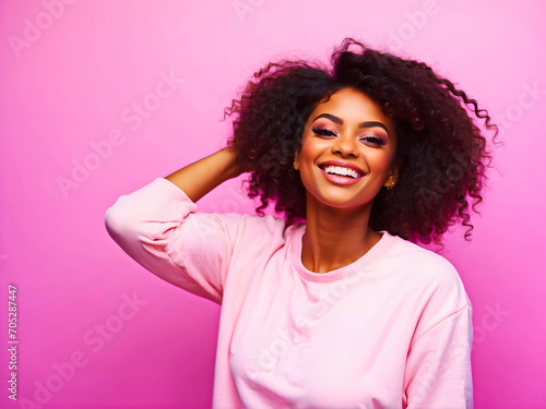 smiley young African American woman fashion with pink background generative AI