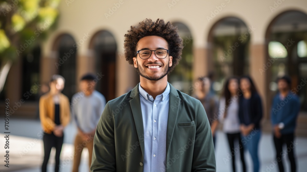 Smiling professional man with afro hair wearing glasses in front of diverse group of people