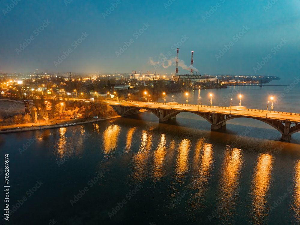 Evening autumn Voronezh. Sunset above Vogresovsky bridge over Voronezh river, aerial view