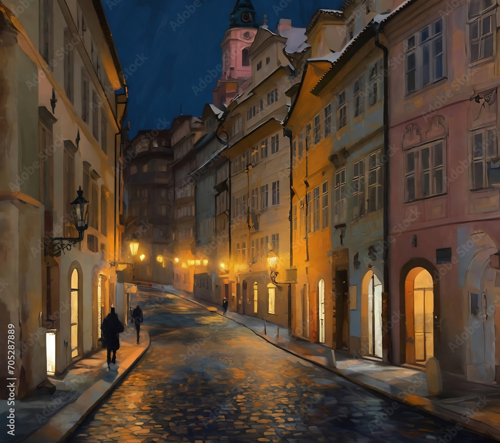 Digital painting of a winter street in the old town of Bruges, Belgium, town in the evening, impressionism vintage wallpaper