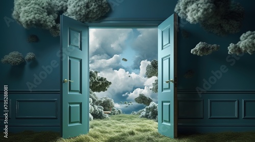 Surreal open door to another realm with green clouds and grassy field inside photo