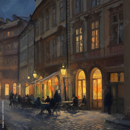People at a cafe in the Street at night in Paris in old times in France. Illustration in oil painting style. 