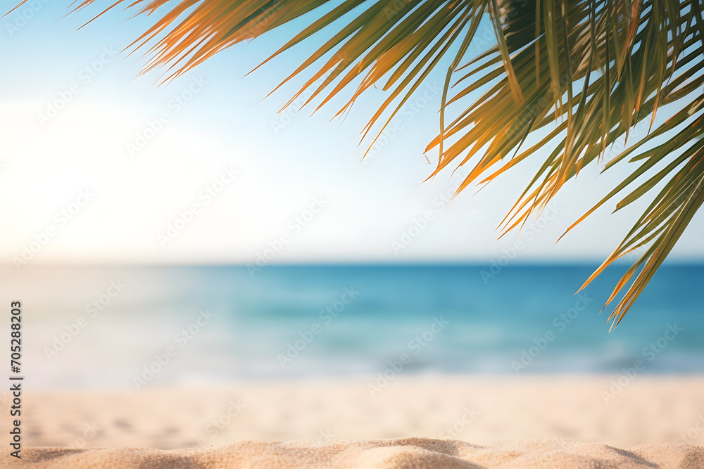 Summer background, place for text, blurred tropical beach with palm leaf and bokeh