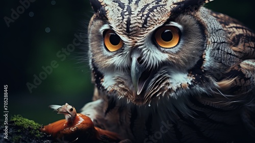 The small lizard animal's prey is caught by the owl in close-up.