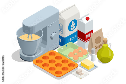 Isometric baking pastry cakes, muffins, tarts, with cooking baking ingredients, flour, eggs, milk and sugar. Kitchen mixer. Cookies and croissants Baking tray with tasty homemade cookies taking