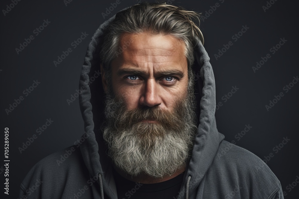 Portrait of a serious man with long gray beard and mustache wearing hoodie looking at camera over dark background
