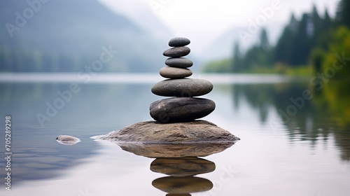Zen is balanced on pebbles by a misty lake