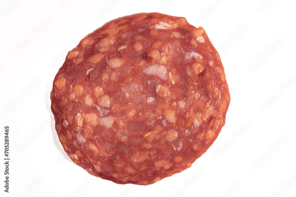 Slice of delicious smoked sausage isolated on white Slice of delicious smoked sausage isolated on white