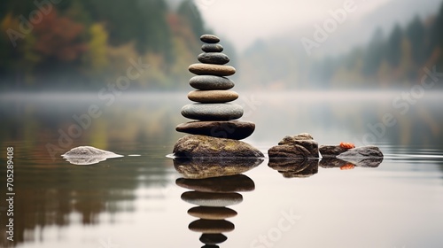 Zen is balanced on pebbles by a misty lake