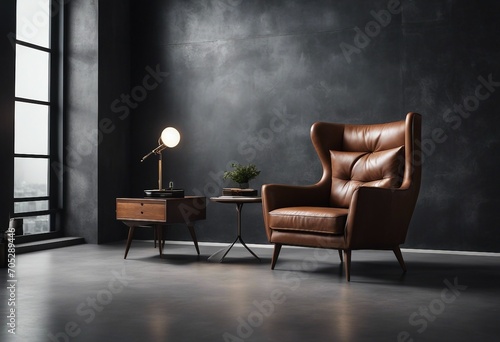 Style loft interior with leather armchair on dark cement wall © ArtisticLens
