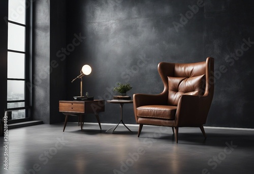 Style loft interior with leather armchair on dark cement wall