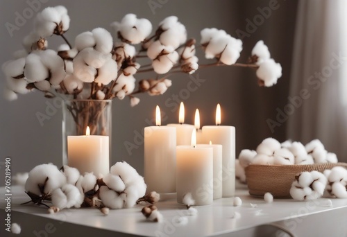 Stylish table with cotton flowers and aroma candles near light wall Banner for design