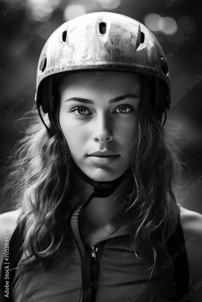 white and black, a young girl with sports clothes and a protective helmet white and black, a young girl with sports clothes and a protective helmet