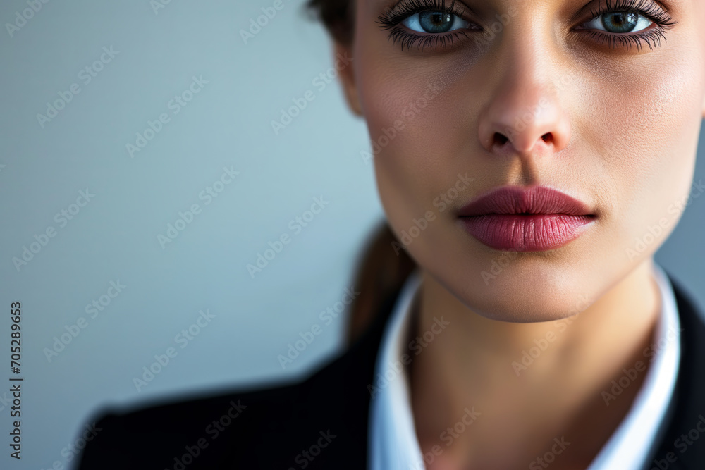 Intense close-up of a woman in business attire with striking eyes and bold lipstick. Intense close-up of a woman in business attire with striking eyes and bold lipstick.