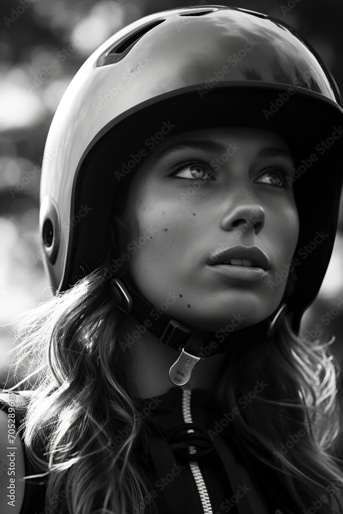 white and black, a young girl with sports clothes and a protective helmet white and black, a young girl with sports clothes and a protective helmet