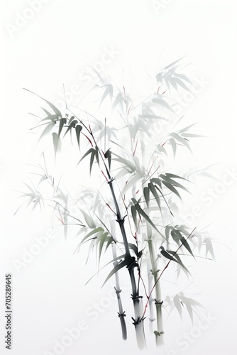 Black and white bamboo painting with red accents