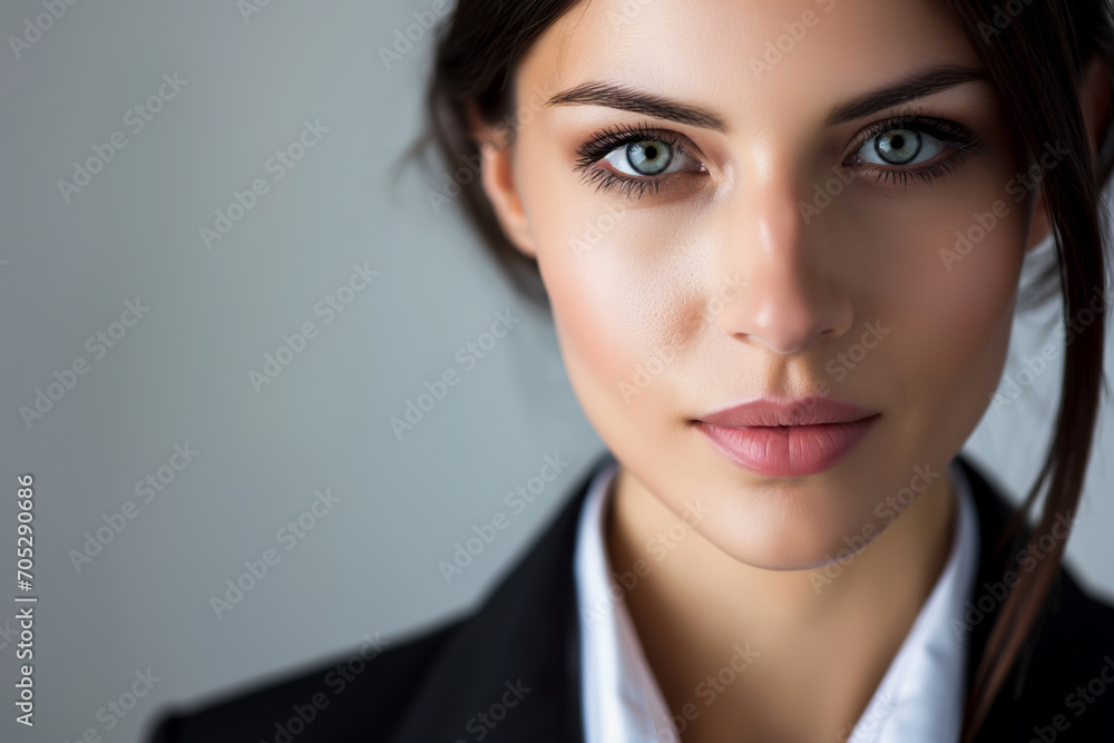 Close-up of a woman with striking eyes wearing a black blazer. Close-up of a woman with striking eyes wearing a black blazer.