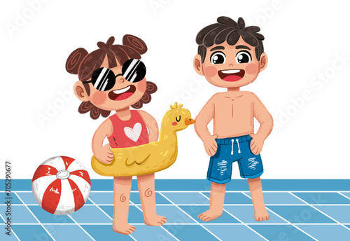 niños en el piscina jugando con trajes de baño, 
