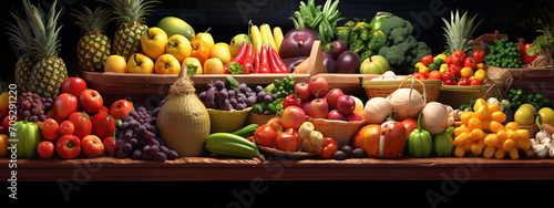 Vegetable farmer market counter: colorful different fresh organic healthy vegetables.