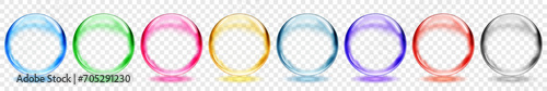 Set of translucent spheres in various colors with glares and shadows on transparent background, vector illustration for design projects and creative artwork