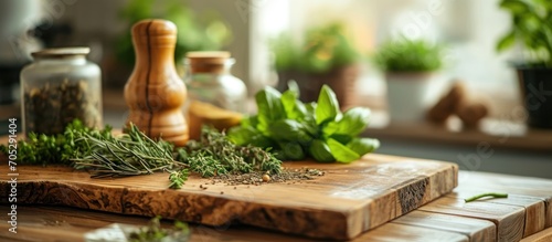 Selective focus on wooden cutting board with herbs for herbal tea brewing.