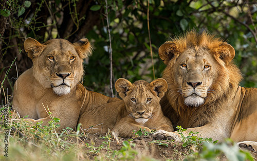 Lion family in the jungle. Generative AI