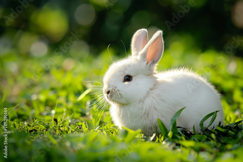 A white rabbit sits in green grass with sunlight highlighting its fur.
