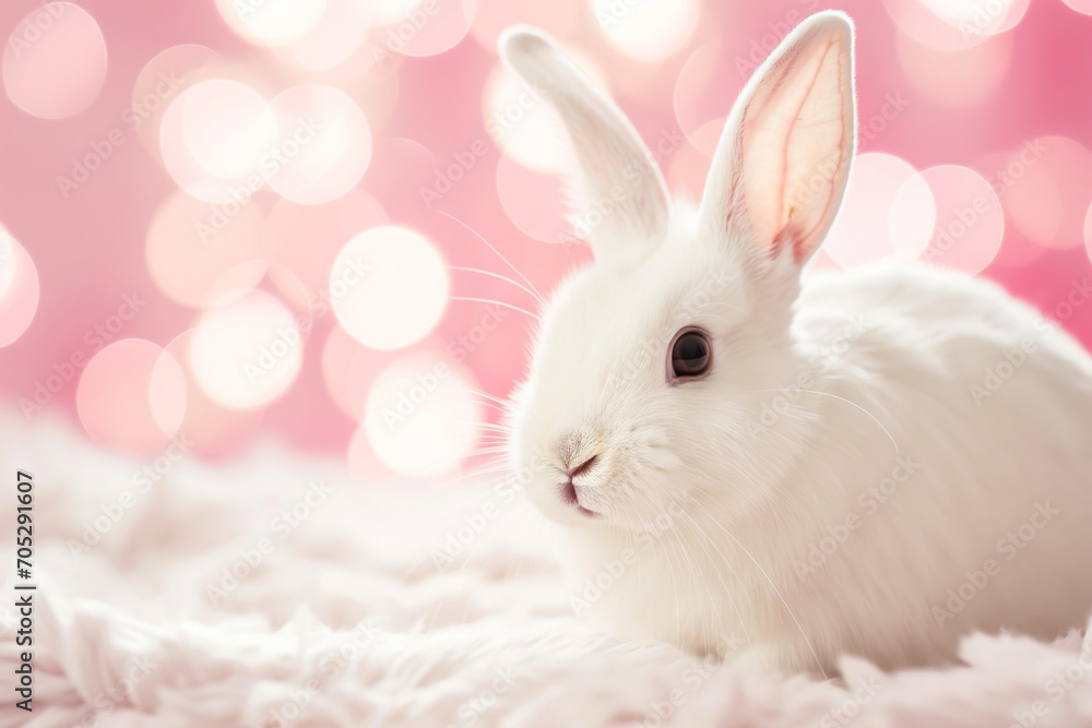 A white rabbit with bright eyes and soft fur against a pink, bokeh background. A white rabbit with bright eyes and soft fur against a pink, bokeh background.