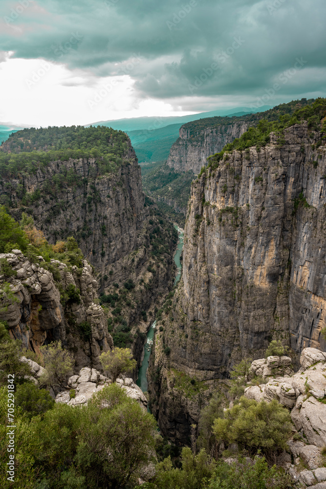 Panorama landscape of Tazı Kanyonu (aka Eagles Canyon, Tazi Canyon) and Bilgelik Vadisi (aka Wisdom Valley). Located in Köprülü Canyon National Park, Antalya, Turkey