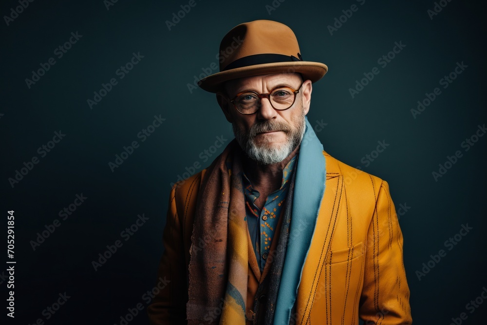 Portrait of a stylish senior man in a hat and scarf. Portrait of a stylish senior man in a hat and scarf.