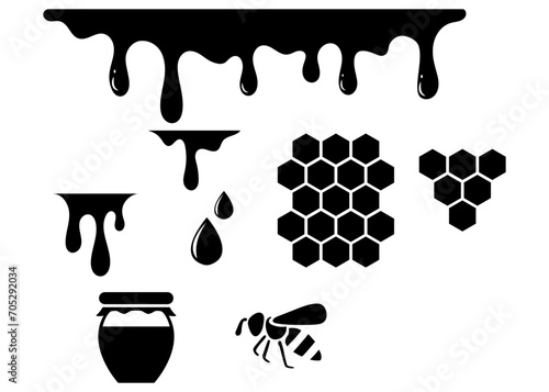 Honey dripping bee, honeycomb. bees vector set. black and white illustration transparent background