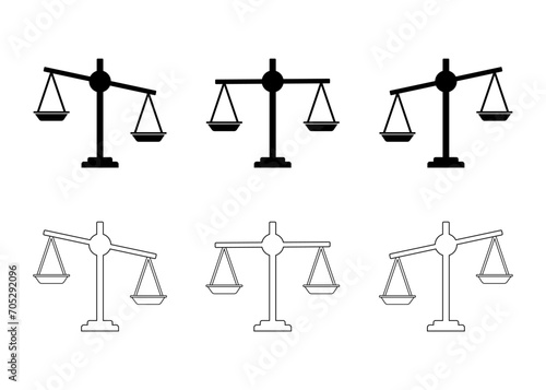Scales of justice icon. Court of law symbol. Vintage scale in balance and equilibrium. Vector icons
