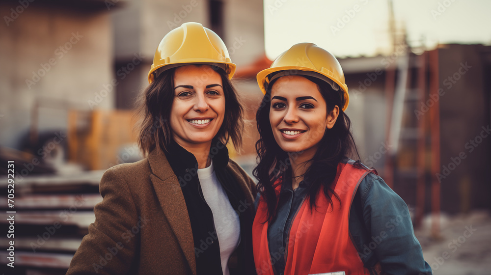 Two women with yellow hard hats and safety vests, smiling at a construction site. Two women with yellow hard hats and safety vests, smiling at a construction site.