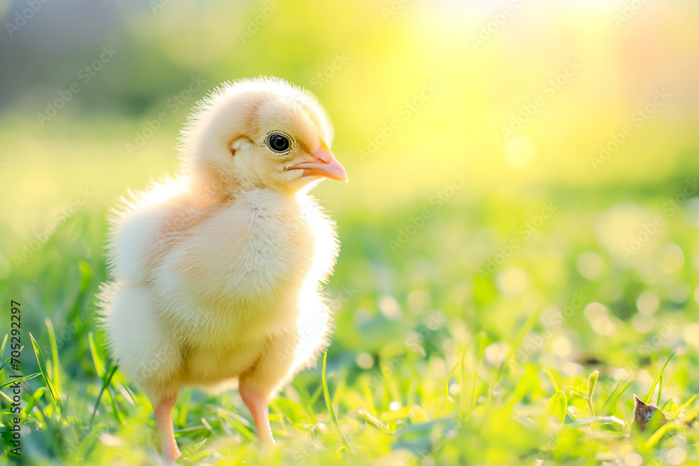 A small fluffy chick stands in the grass, basking in the warm, radiant sunlight of a lush green field.